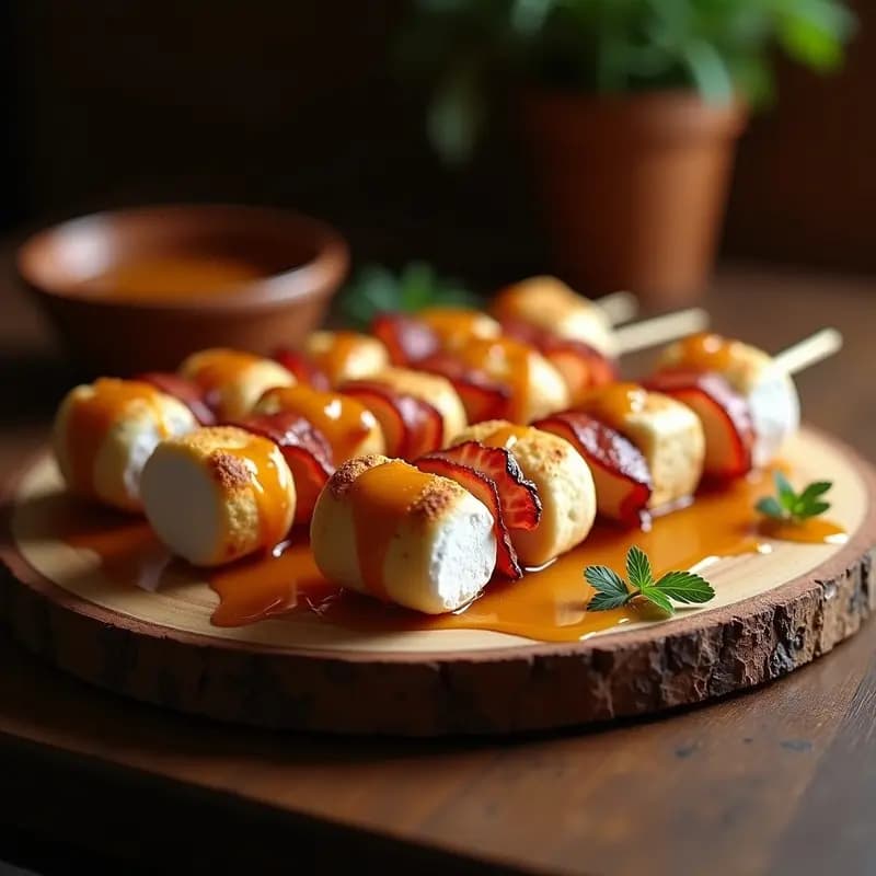 Brochetas doradas de marshmallows tostados y bacon crujiente, brillantes por la salsa de miel y mostaza, servidas en bandeja de madera rústica sobre fondo oscuro.