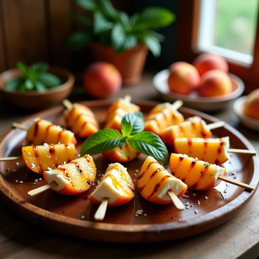 Brochetas de melocotón y queso de cabra a la plancha sobre fuente de madera, con miel de romero y hojas de menta fresca, receta entrante español dulce-salado.