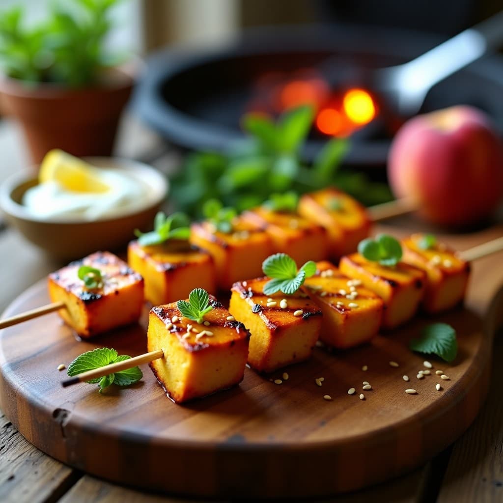Brochetas de melocotón y tofu marinado en miel de agave asándose en un grill de metal, con el tofu dorado y los melocotones caramelizados, espolvoreadas con semillas de sésamo. Plato colorido y apetecible con fondo de barbacoa al aire libre.