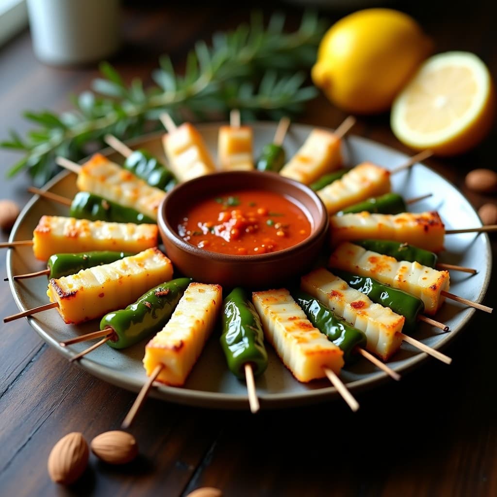 Brochetas doradas de merluza y pimiento del Padrón servidas en plato de barro con salsa romesco cremosa y almendras picadas, receta española en airfryer.