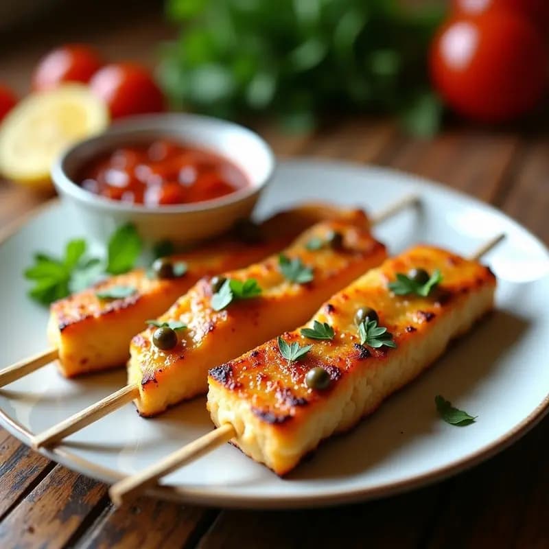 Brochetas de merluza doradas en palillos de madera, servidas sobre un plato blanco con salsa marinera de alcaparras de color rojo intenso, decoradas con perejil fresco. Receta española low carb en airfryer.