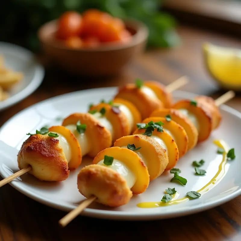 Brochetas doradas de corazón de palmito y mozzarella de anacardo en airfryer, servidas en plato blanco con salsa de maracuyá y cilantro fresco, aperitivo brasileño vegano crujiente.