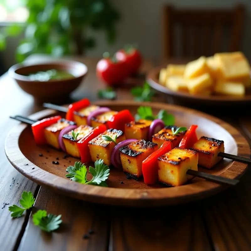 Brochetas de corazón de palmito y tofu ahumado al grill, aperitivo brasilero vegano con vinagreta de aceituna y cilantro, servidas en plato de madera rústico.