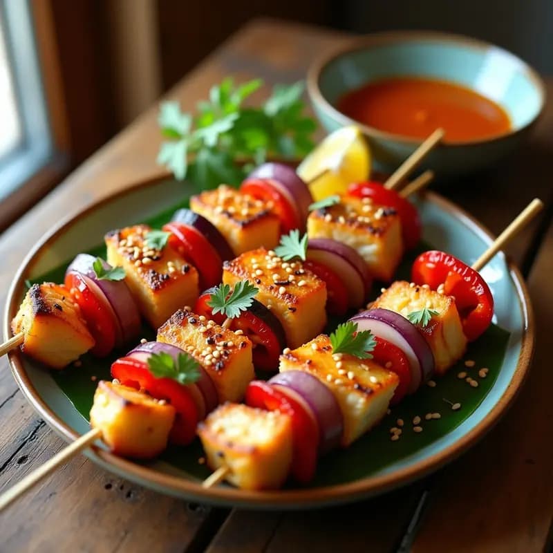 Brochetas de merluza doradas en airfryer con trozos de cebolla morada y pimiento rojo, bañadas en salsa de tamarindo y semillas de sésamo tostadas, servidas en plato blanco con perejil fresco.