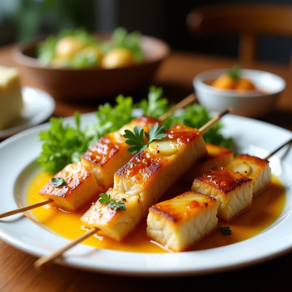 Brochetas de pescado blanco y trozos de cebolla morada doradas en airfryer, servidas sobre un plato de cerámica con salsa cremosa de ají amarillo y decoradas con pulpa de lulo y cilantro fresco. Receta ecuatoriana tradicional y saludable.