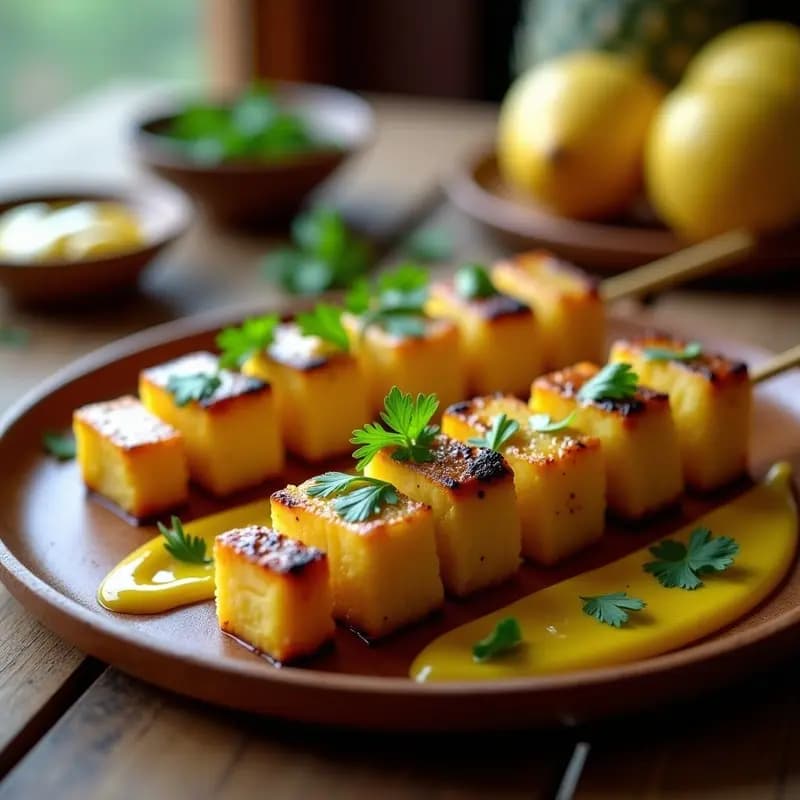 Brochetas de pescado blanco y piña asadas en grill, con marcas de parrilla doradas, acompañadas de una salsa cremosa de cúrcuma amarilla. Plato tailandesa keto servido en fuente de madera con hojas de cilantro fresco y rodajas de lima.