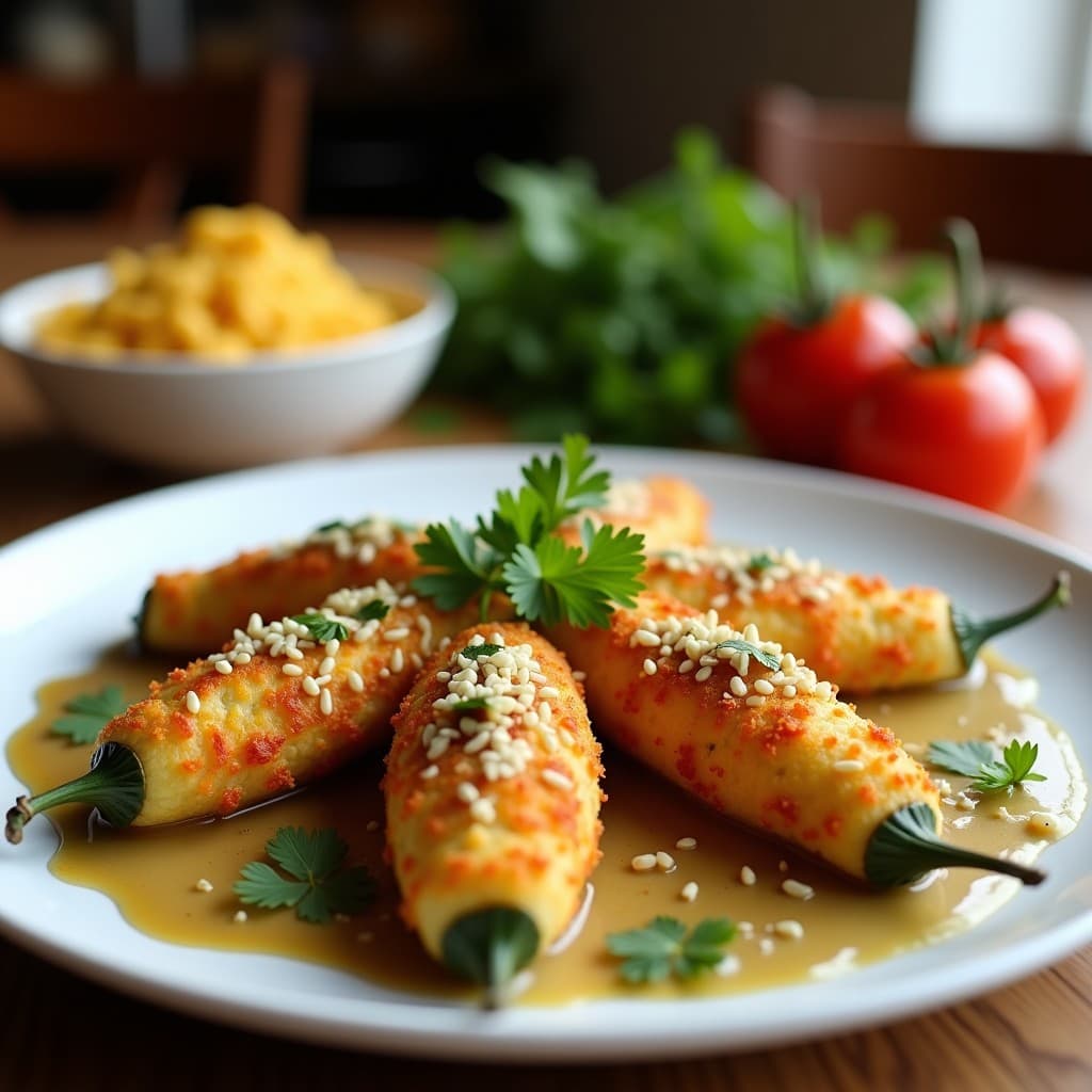 Brochetas de pimiento rojo asado rellenas de quinoa, pasas y almendras, con un toque dorado y perejil fresco, servidas en un plato blanco rústico sobre fondo de madera clara.