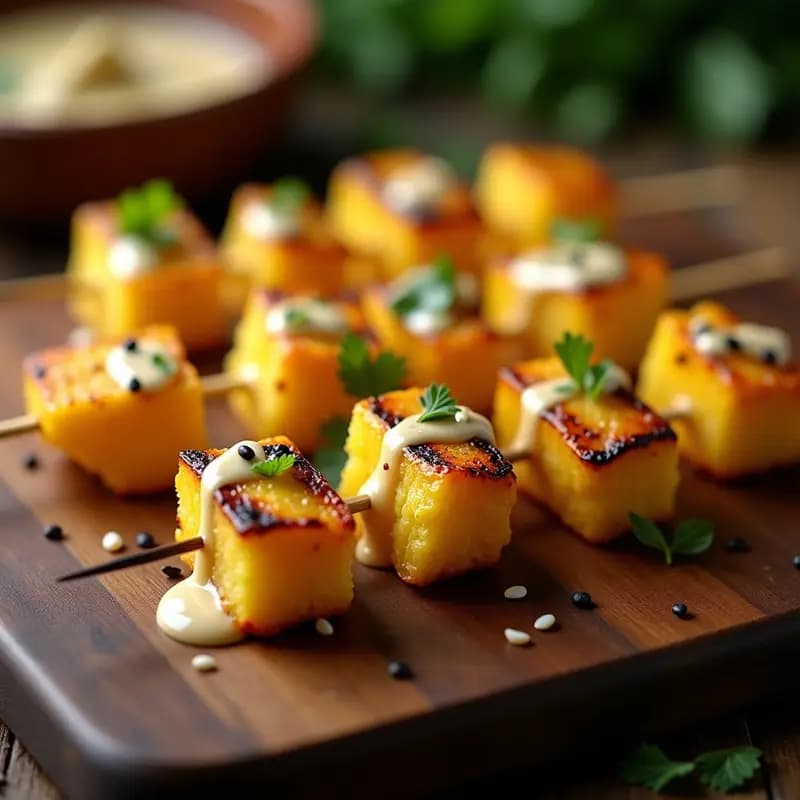 Brochetas de piña asada dorada con salsa cremosa de tahín y chile, espolvoreadas con semillas de sésamo blanco y negro, servidas en una tabla de madera rústica con fondo borroso.