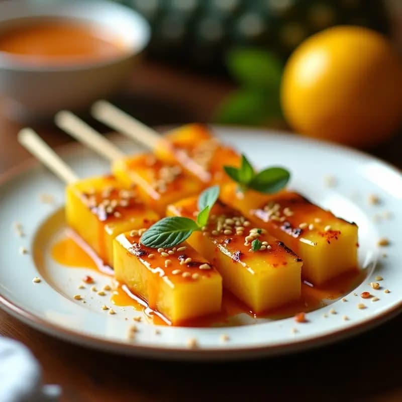 Brochetas de piña asada dorada con vetas de mermelada de maracuyá brillante, espolvoreadas con semillas de sésamo y chili en polvo, servidas en plato blanco rústico con hojas de menta.