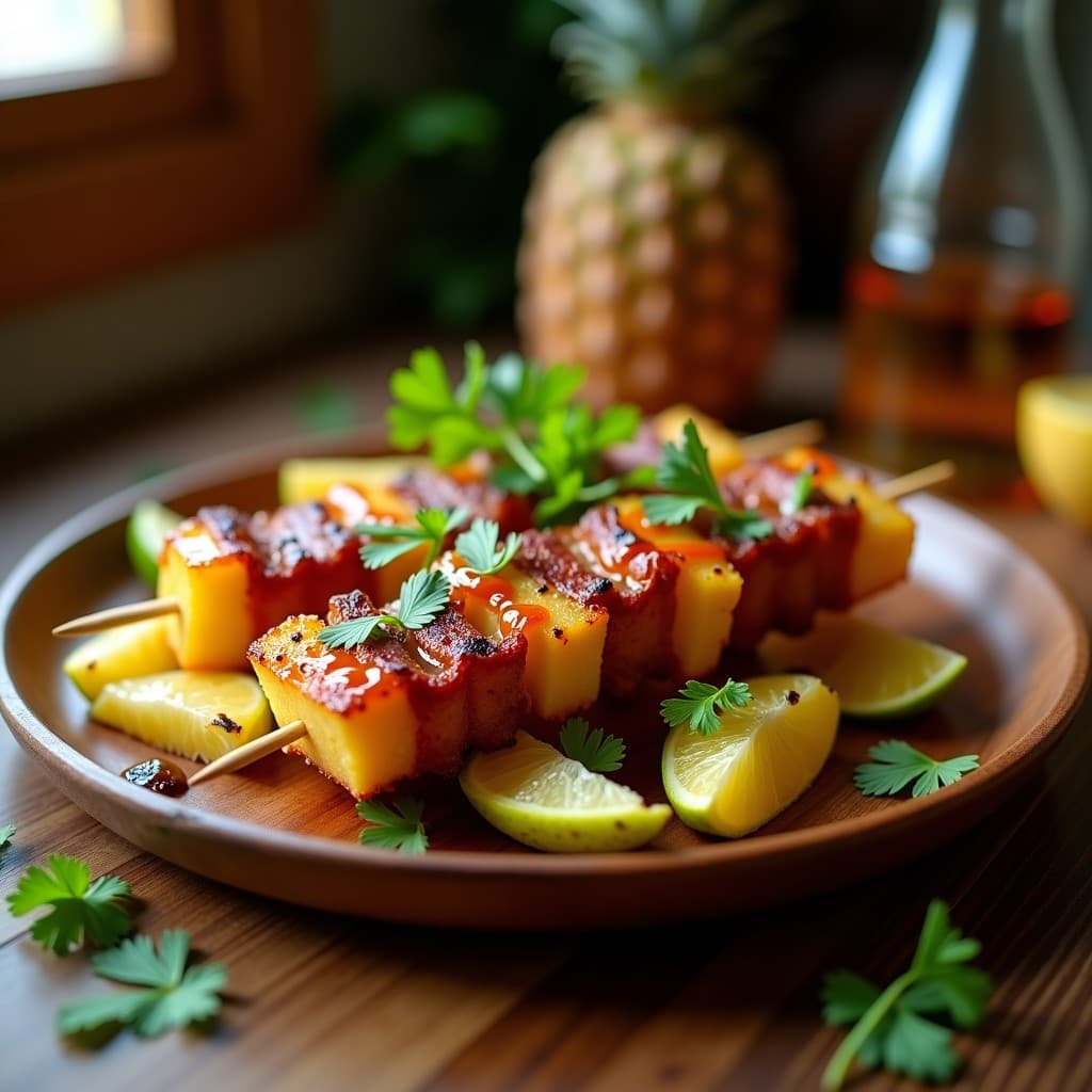 Brochetas veganas doradas con trozos de piña caramelizada, láminas crujientes de bacon de tempeh ahumado y salsa de chipotle espesa, servidas en plato de madera con hierbas frescas.