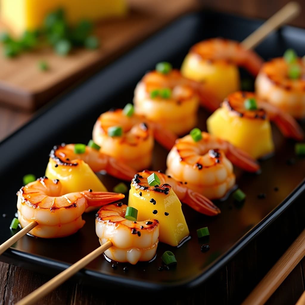Brochetas de piña y camarón con glaseado de miel y wasabi en plato de cerámica negra, decoradas con semillas de sésamo y cebollino, sobre fondo de madera oscura.