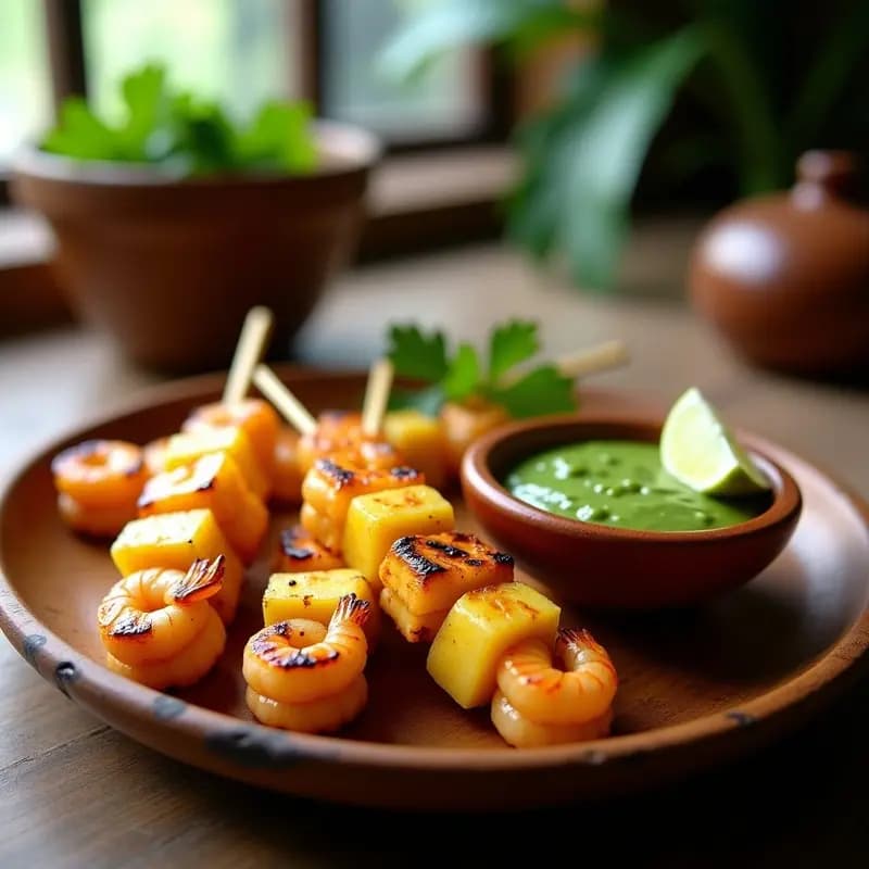 Brochetas de piña y camarón con mojo de limón asadas al grill, con trozos de piña caramelizada, camarones jugosos y cebolla morada, servidas en un plato blanco con hierbas frescas y limones al fondo. Receta caribeña sin lactosa.