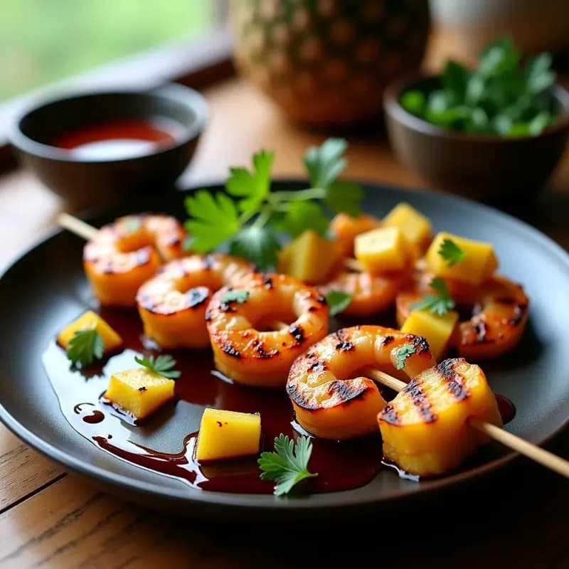 Brochetas de piña dorada y camarones jugosos asados al grill, servidas en plato de cerámica negra con salsa de tamarindo brillante y hojas de cilantro fresco. Receta Thai dulce-ácida.