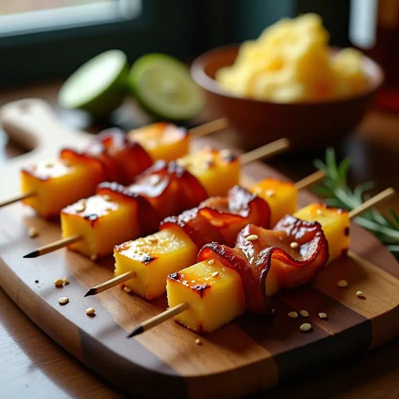Brochetas de piña caramelizada y bacon dorado en palillos de madera, brillantes por el glaseado de miel y mostaza, servidas en bandeja de madera con semillas de sésamo espolvoreadas y fondo de BBQ.