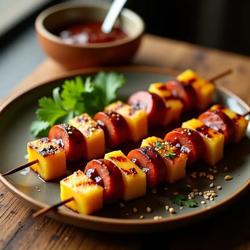 Brochetas doradas en palillos de madera con trozos de piña caramelizada y rodajas de chorizo ibérico asado, bañadas en salsa de tamarindo brillante. Plato de fondo rústico con semillas de sésamo y cilantro fresco espolvoreados. Receta de brochetas de piña asada y chorizo con salsa de tamarindo para parrilla.