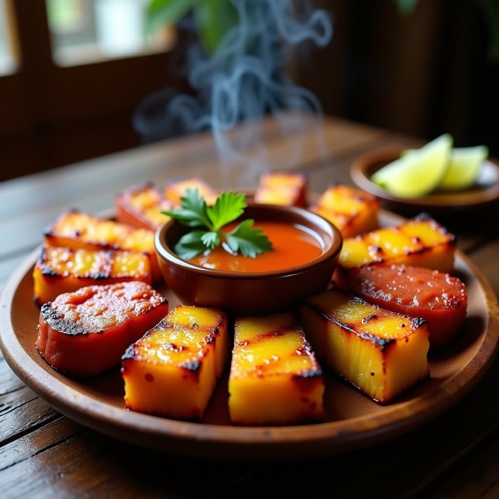Brochetas de piña dorada y chorizo de Sincelejo asado en grill, servidas en plato de madera con salsa de guayaba brillante y cilantro fresco, receta colombiana dulce-salada.