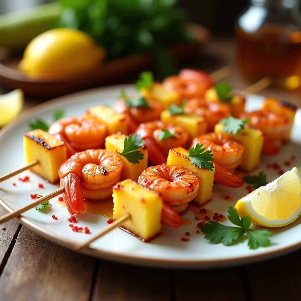 Brochetas doradas de piña caramelizada y gamberones al ajillo en un plato blanco, con perejil fresco espolvoreado y rodajas de limón al lado. Receta fusión española-tailandesa en airfryer.