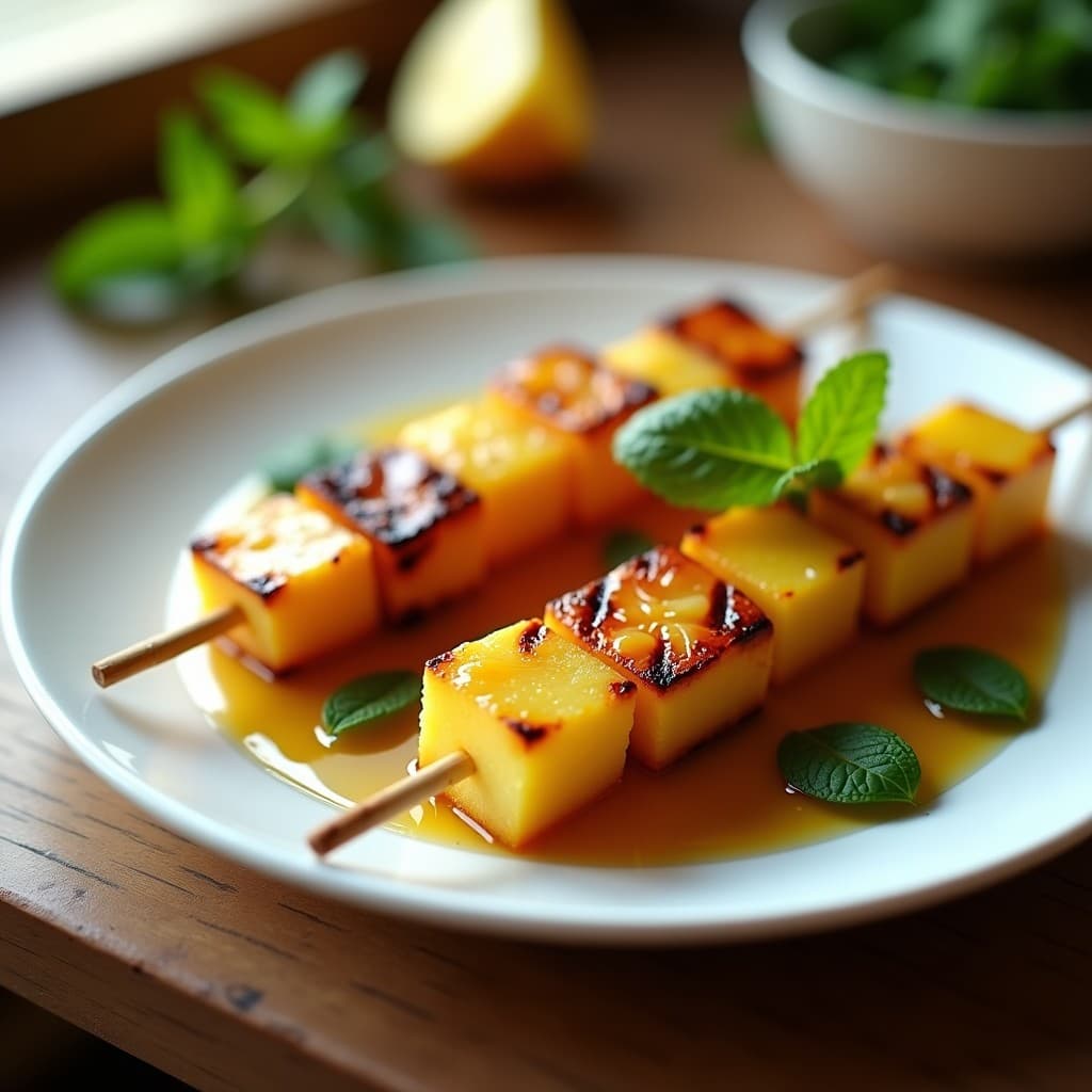 Brochetas doradas de piña caramelizada y queso halloumi gratinado sobre parrilla de acero, bañadas en miel de eucalipto brillante, decoradas con hojas de menta fresca y servidas en plato de cerámica blanca con fondo de mesa rústica de madera.