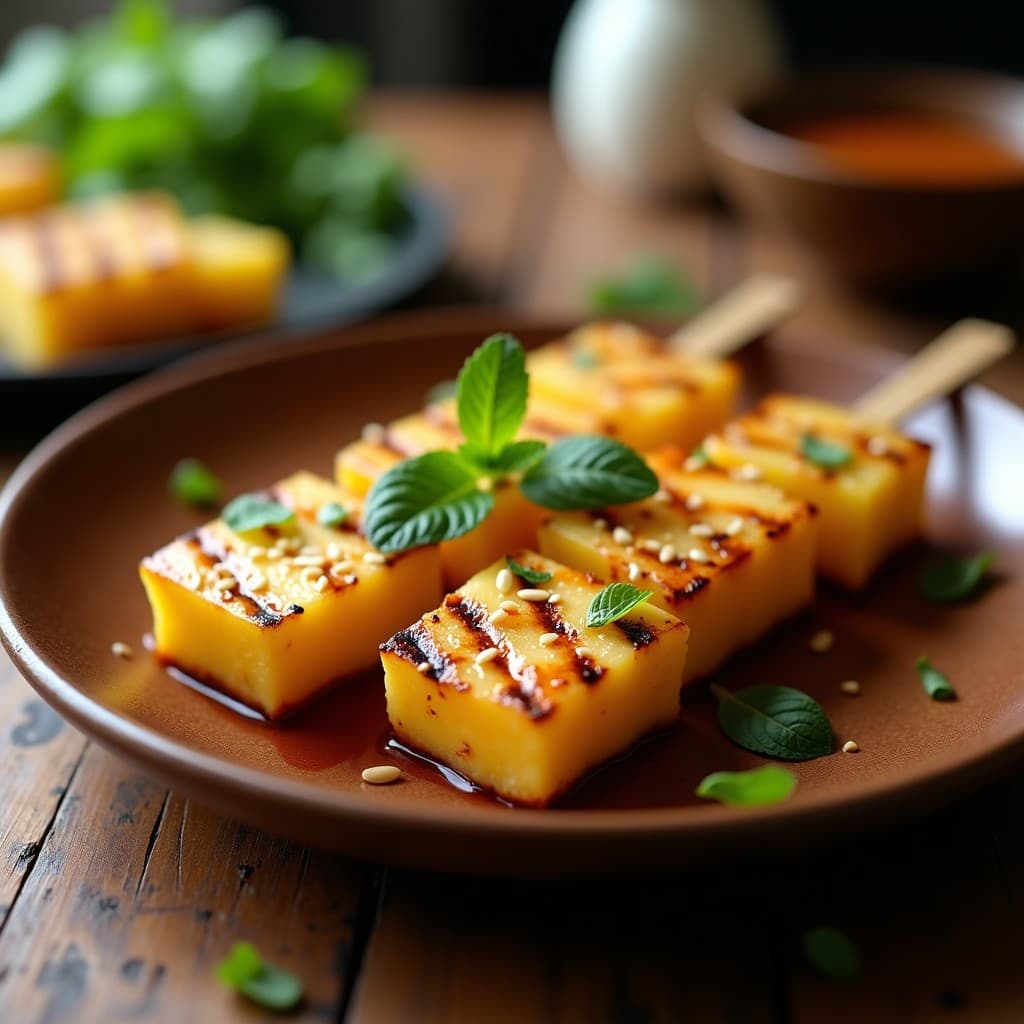 Brochetas de piña y queso halloumi a la parrilla con marcas doradas, servidas en plato de madera rústico. La piña caramelizada brilla con un toque de miel y semillas de sésamo, mientras el halloumi muestra su textura crujiente. Decoradas con hojas de menta fresca y un fondo de parrilla ahumada.
