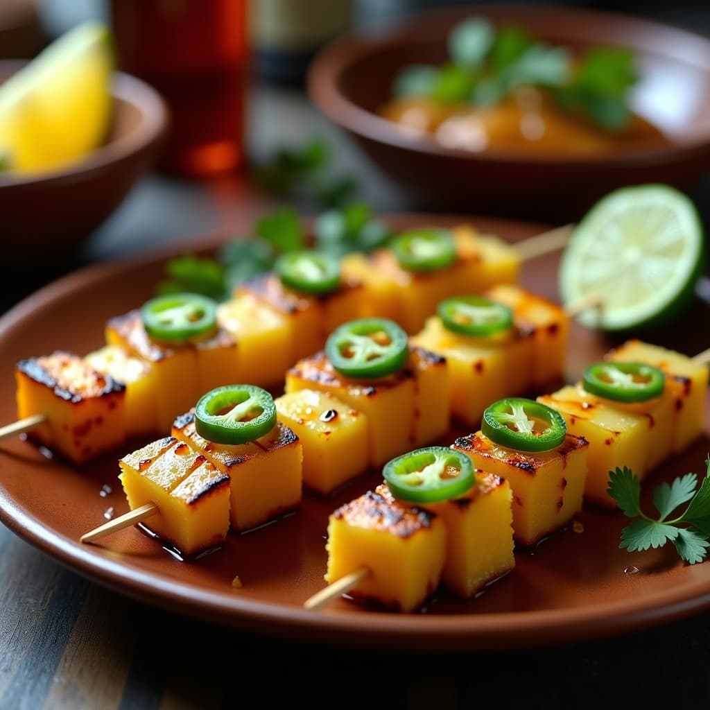 Brochetas doradas de piña caramelizada, jalapeño verde y queso halloumi en palillos de madera, servidas sobre plato de barro con hojas de cilantro y gotas de miel brillante. Receta mexicana dulce-picante para airfryer.