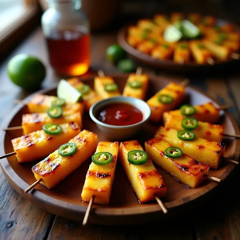 Brochetas doradas de piña y jalapeño con glaseado brillante de tamarindo, servidas en bandeja de madera rústica. Receta mexicana en airfryer para fiestas, con contraste dulce-picante visible.