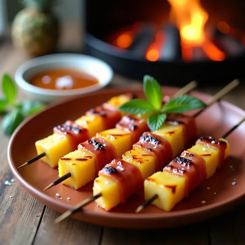 Brochetas doradas de piña caramelizada y jamón serrano crujiente servidas en plato rústico de barro, acompañadas de salsa de mostoza brillante en cuenco pequeño. Decoradas con hojas de menta fresca y sal marina en escamas, con fondo de grill humeante.