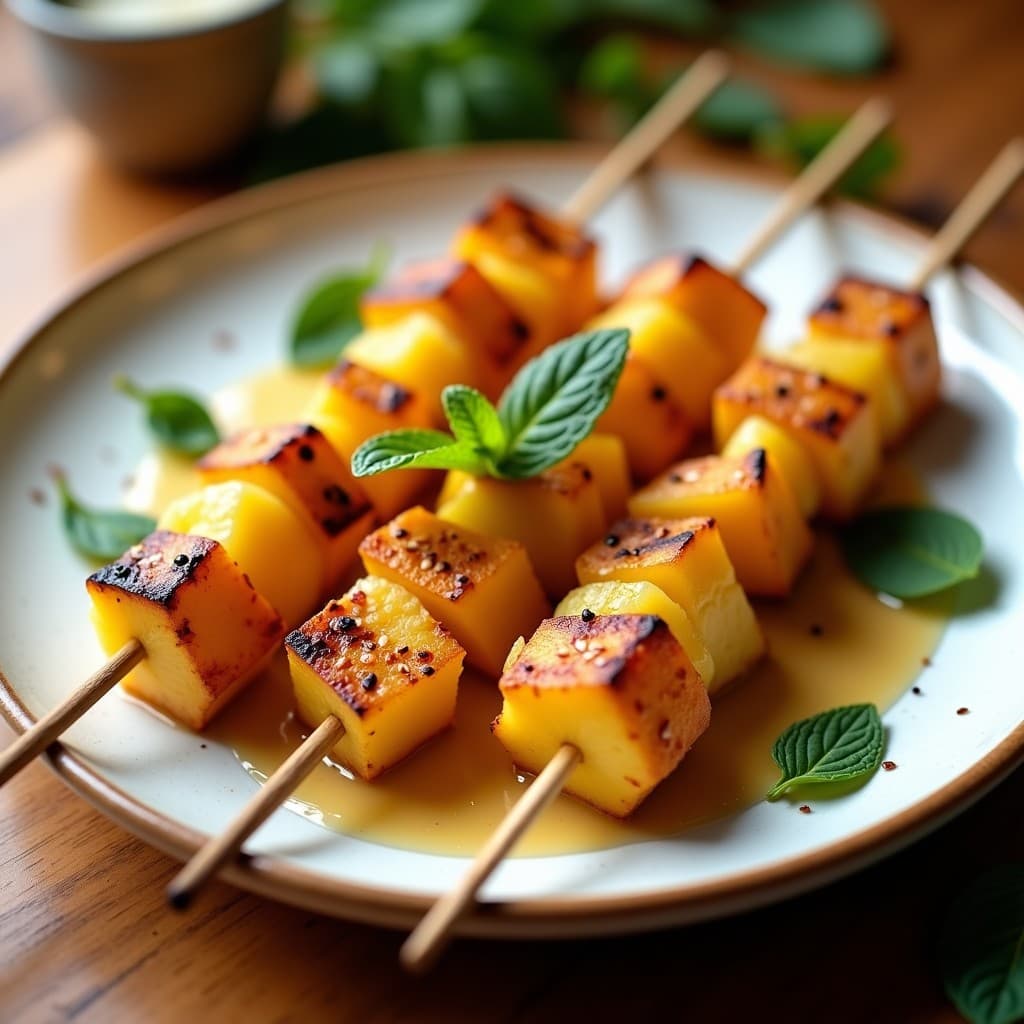 Brochetas doradas de piña y jengibre glaseadas con miel sobre bandeja de horno, con semillas de sésamo y hojas de menta, postre al horno en 15 minutos.