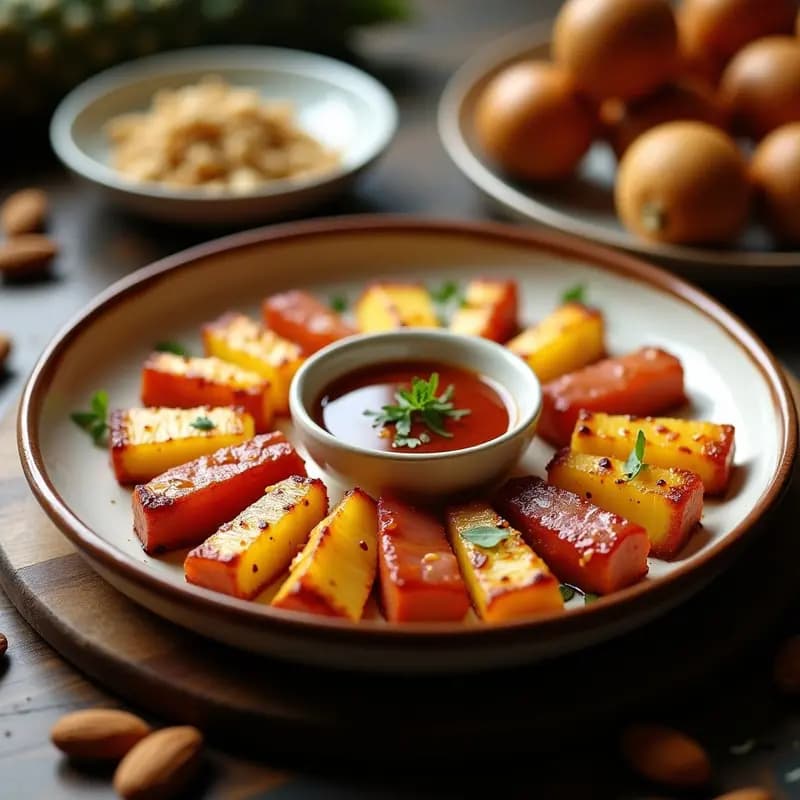Brochetas de piña dorada y panceta ibérica crujiente servidas en plato de barro, acompañadas de salsa romesco en cuenco pequeño de cerámica. Receta española en airfryer con texturas contrastadas.