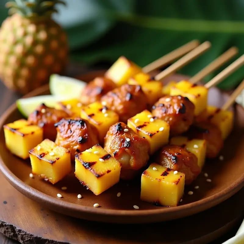 Brochetas de piña asada dorada y pollo jugoso glaseado con miso y sésamo, servidas en plato rústico con semillas de sésamo espolvoreadas y fondo de hoja de plátano para ambientación hawaiana.