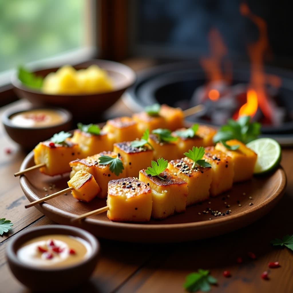 Brochetas de piña y pollo al satay asándose en parrilla, con trozos dorados de pollo y piña caramelizada, servidas con salsa satay cremosa de cacahuete y espolvoreadas con sésamo y cilantro fresco. Receta tailandesa auténtica.