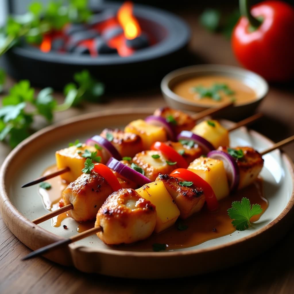 Brochetas de piña y pollo al sate con cacahuete, receta indonesia en grill, con trozos de pollo dorado, piña caramelizada, cebolla morada y pimiento rojo asado, servidas sobre una tabla de madera con salsa de cacahuete espesa y hojas de cilantro.