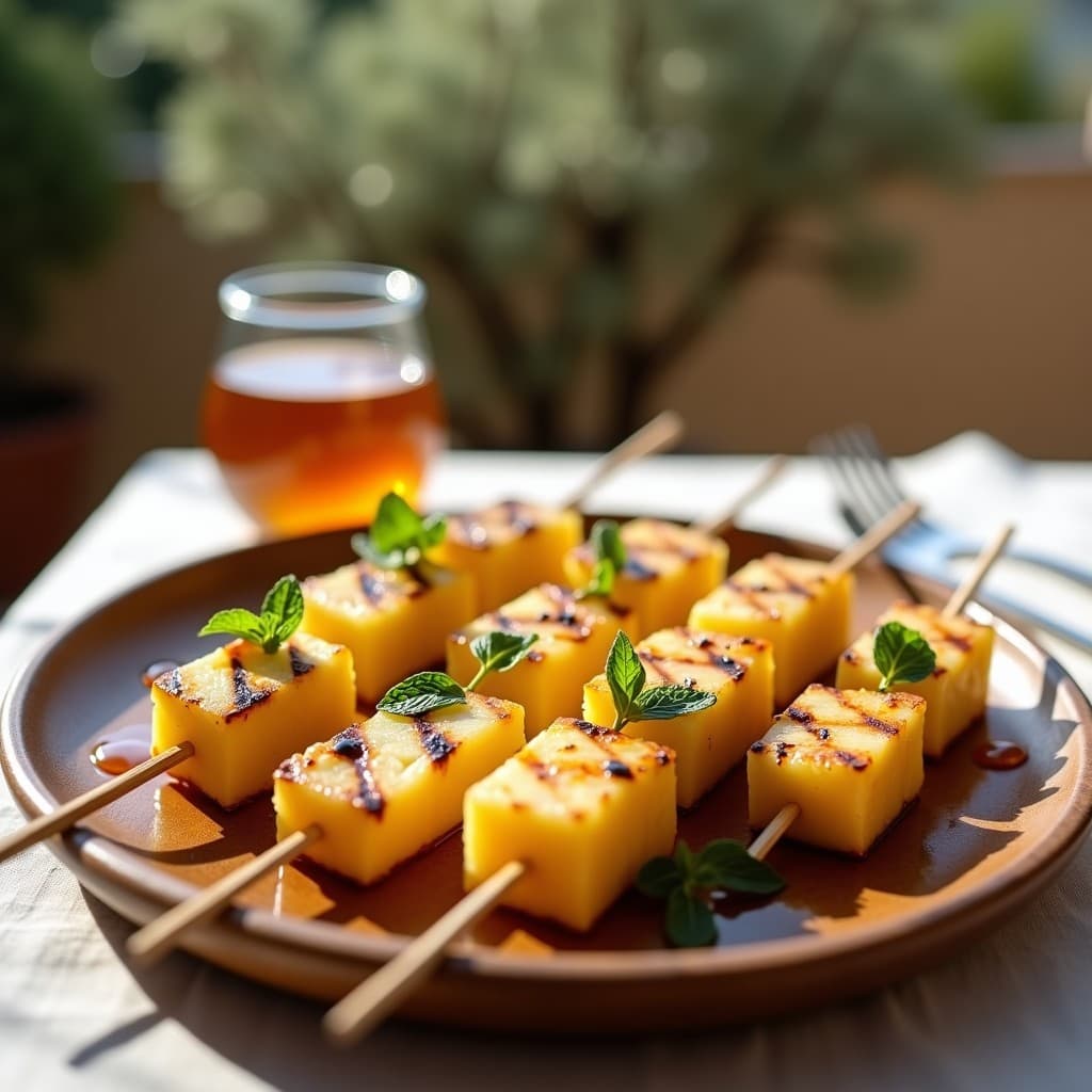 Brochetas doradas de queso halloumi y piña fresca asada en grill, bañadas en miel de tomillo, con hojas de menta y tomillo fresco como decoración, sobre un plato de madera rústico.