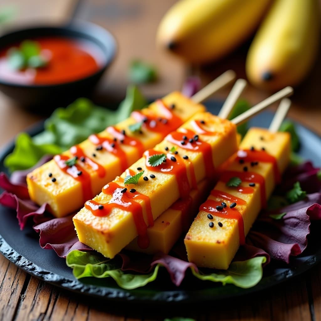 Brochetas doradas de piña caramelizada y queso de soja marinado en airfryer, servidas sobre una base de hojas de lechuga morada con salsa sriracha cremosa y semillas de sésamo negras espolvoreadas. Aperitivo tailandés picante y vegano.