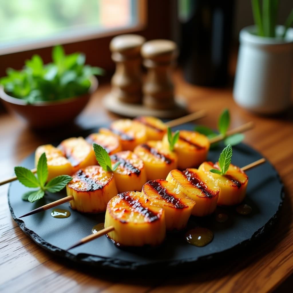 Brochetas doradas de piña caramelizada y salchicha de insectos en palillos de bambú, servidas en plato negro con semillas de sésamo negro y un chorrito de miel. Aperitivo futurista crujiente y glaseado, preparado en airfryer.