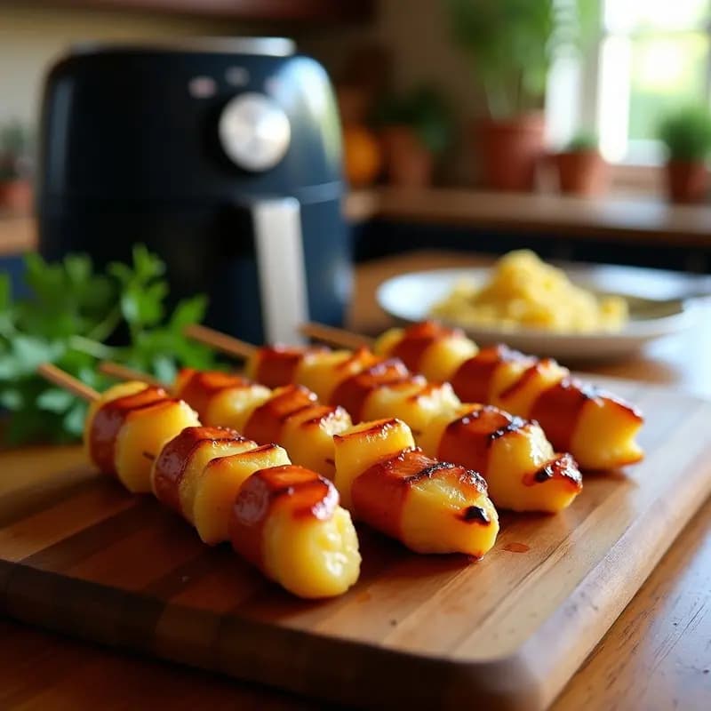 Brochetas doradas de piña fresca y salchicha de pollo glaseadas con sirope de arce, servidas en una bandeja de madera rústica con fondo de airfryer. Receta canadiense para BBQ.