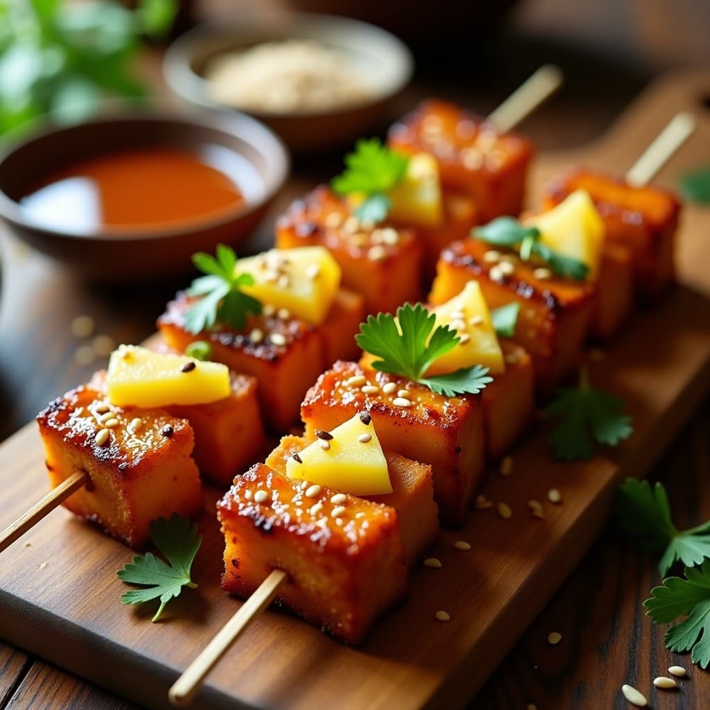 Brochetas de tempeh dorado y piña caramelizada al airfryer, con glaseado brillante de tamarindo, espolvoreadas con semillas de sésamo y cilantro fresco sobre fondo rústico de madera.