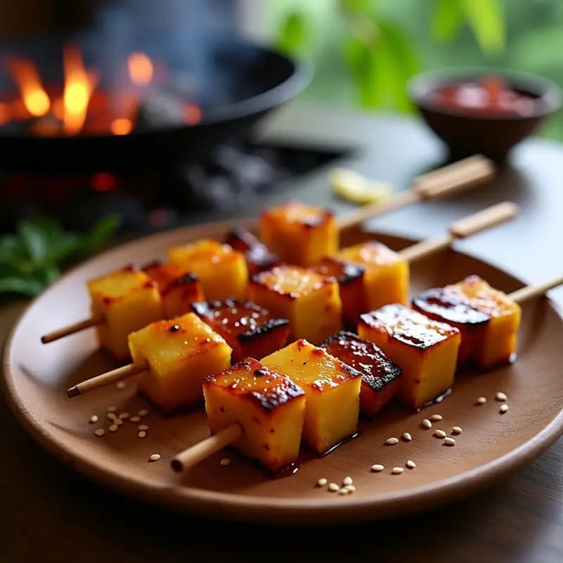 Brochetas de tempeh dorado y piña caramelizada en palillos de madera, brillantes por el glaseado de tamarindo, servidas en una bandeja de madera rústica con fondo desenfocado de parrilla humeante.