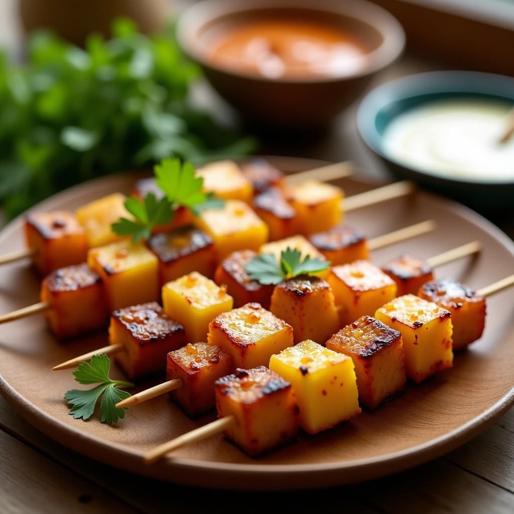 Brochetas doradas de tempeh y piña asadas en airfryer, con un glaseado brillante de tamarindo y jengibre, decoradas con cilantro fresco sobre un plato de madera rústica. Receta indonesia vegana y saludable.