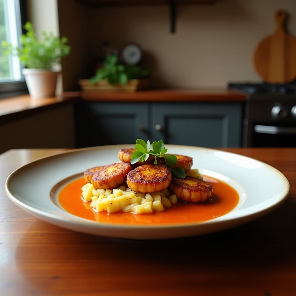 Brochetas de piña dorada y tempeh marinado en tamarindo asadas en BBQ, servidas en plato de madera con salsa de cacahuete y decoradas con semillas de sésamo, receta tailandesa vegana.