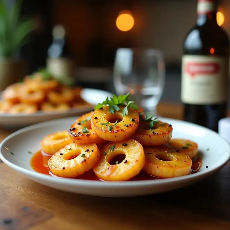 Brochetas de piña y ternera teriyaki en grill con marcas doradas, salsa teriyaki brillante y semillas de sésamo espolvoreadas, servidas en plato de cerámica negra con fondo de madera rústica.