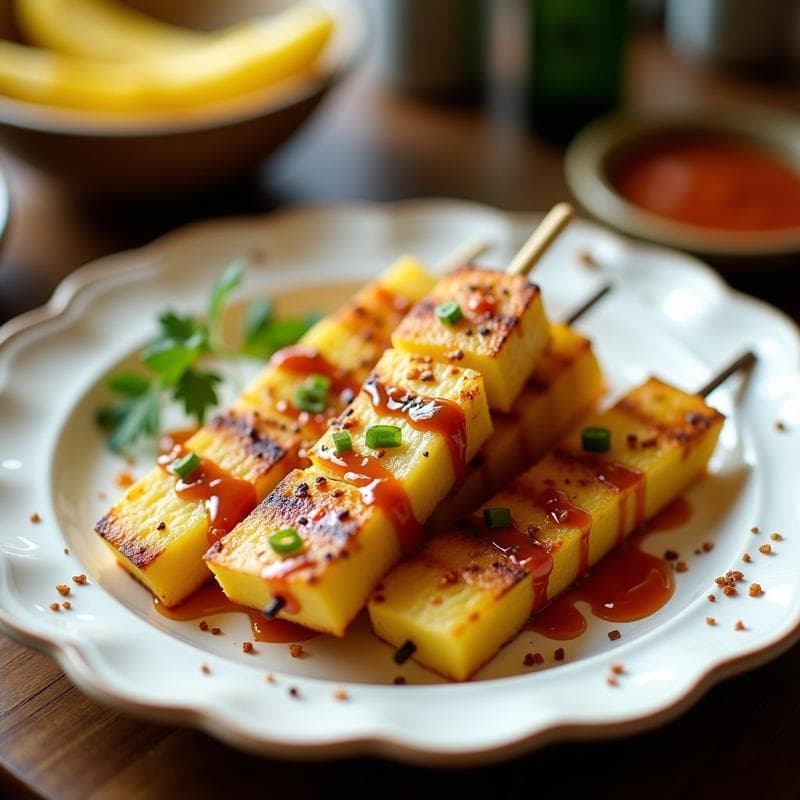 Brochetas doradas de piña asada y tocino de coco crujiente en palillos de madera, servidas sobre un plato blanco rústico con salsa chipotle espesa y brillante al lado. Fondos borrosos con ingredientes como copos de coco y rodajas de limón.