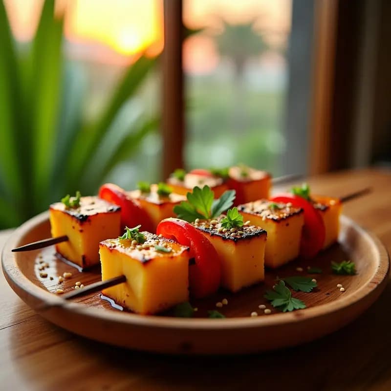 Brochetas doradas al grill con cubos de ananá caramelizado, tofoo ahumado glaseado y pimiento morrón, decoradas con semillas de sésamo y cilantro fresco sobre un plato de madera rústica con fondo de playa hawaiana.
