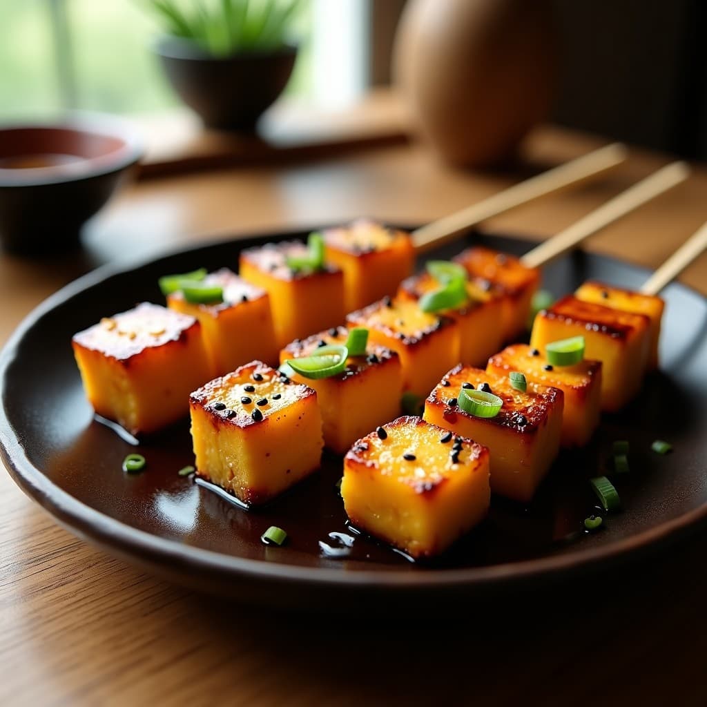 Brochetas de piña caramelizada dorada y tofu al sesgo con glaseado de soja brillante, espolvoreadas con semillas de sésamo negro y cebollino, servidas en plato de madera oscuro con fondo de cocina japonesa mínima.