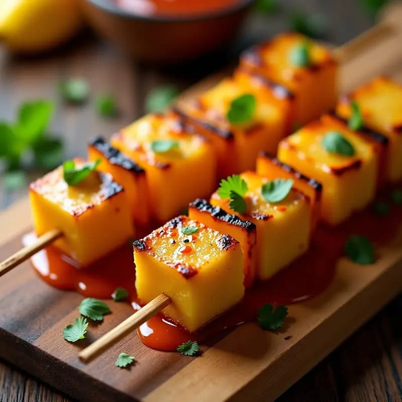 Brochetas doradas en grill con trozos de piña caramelizada y tofu firme, bañadas en glaseado brillante de sriracha y miel, decoradas con perejil fresco. Aperitivo fusion dulce-picante listo para servir.