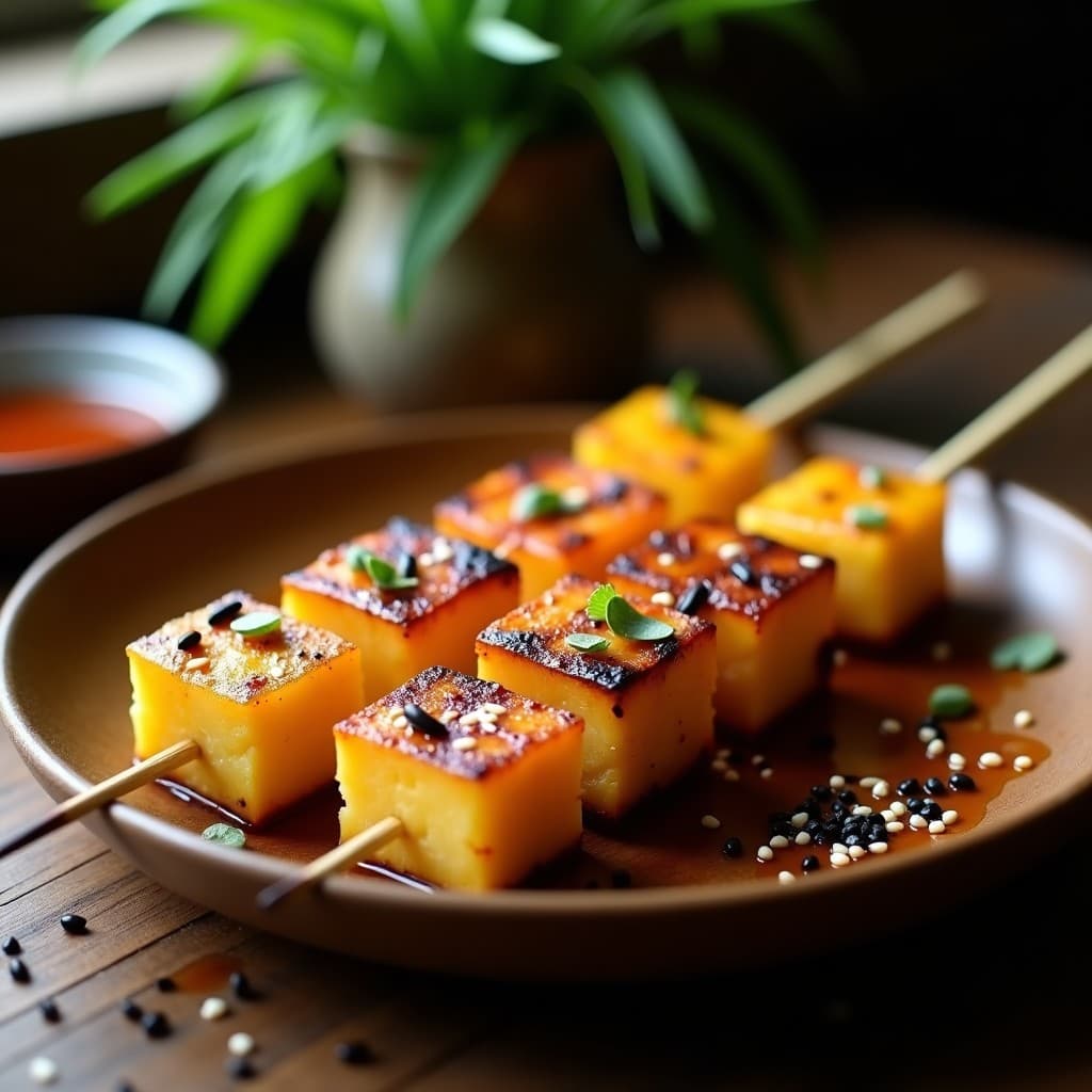Brochetas de piña dorada y tofu marinado en teriyaki asadas al grill, con semillas de sésamo espolvoreadas, servidas en plato de madera rústico con fondo de hoja de bambú.