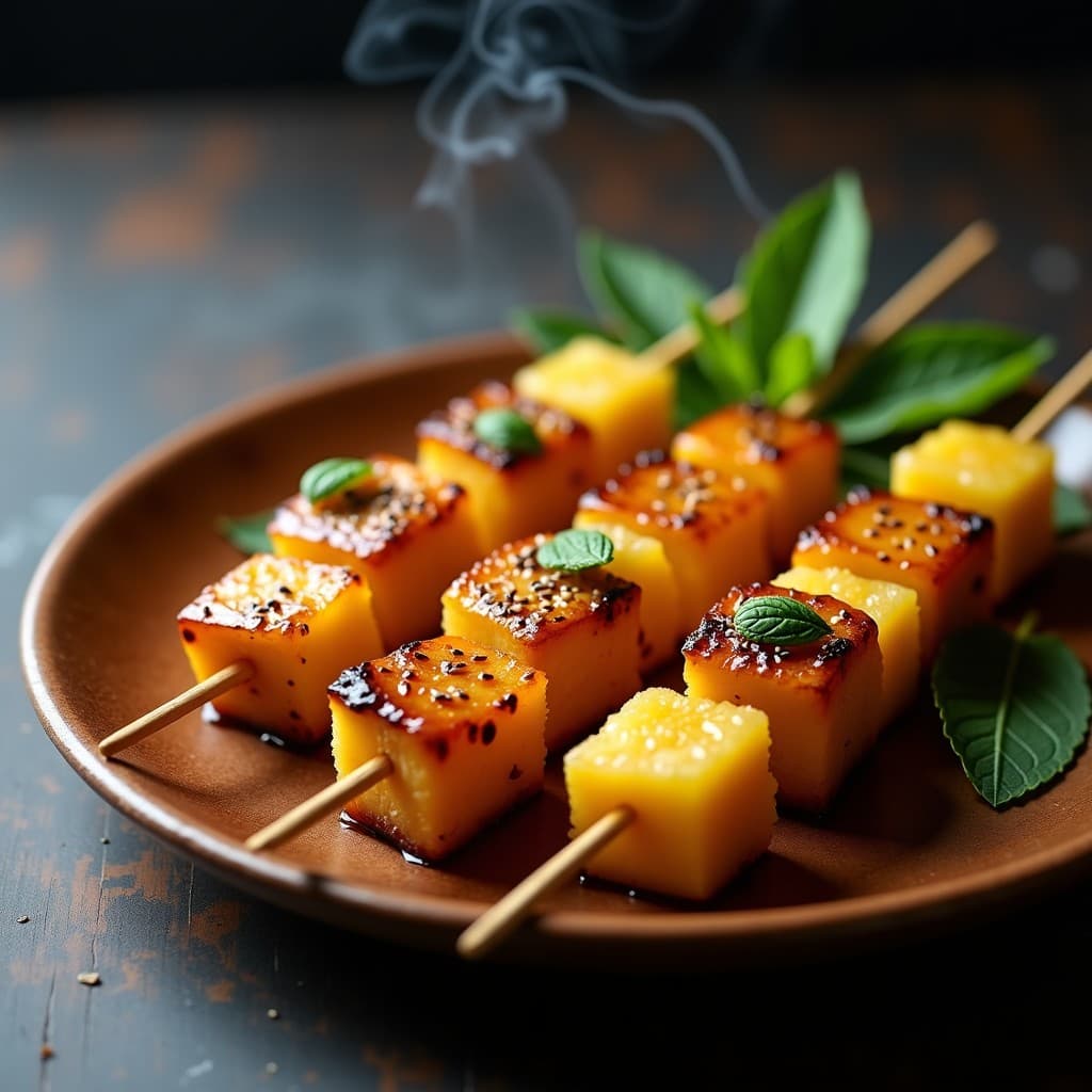 Brochetas de piña caramelizada y yacón dorado a la parrilla, servidas en plato blanco con hojas de menta fresca y un toque de canela, postre peruano bajo en calorías.