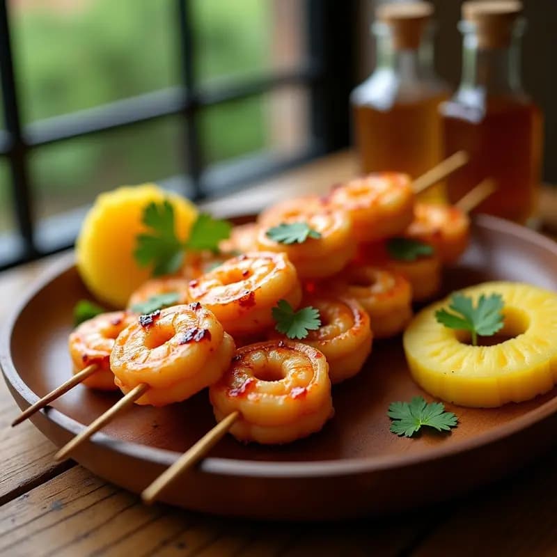 Brochetas de Pineapple y Camarón con Glaseado de Miel y Chile en grill, con camarones dorados y piña caramelizada, servidas en plato rústico con glaseado brillante.