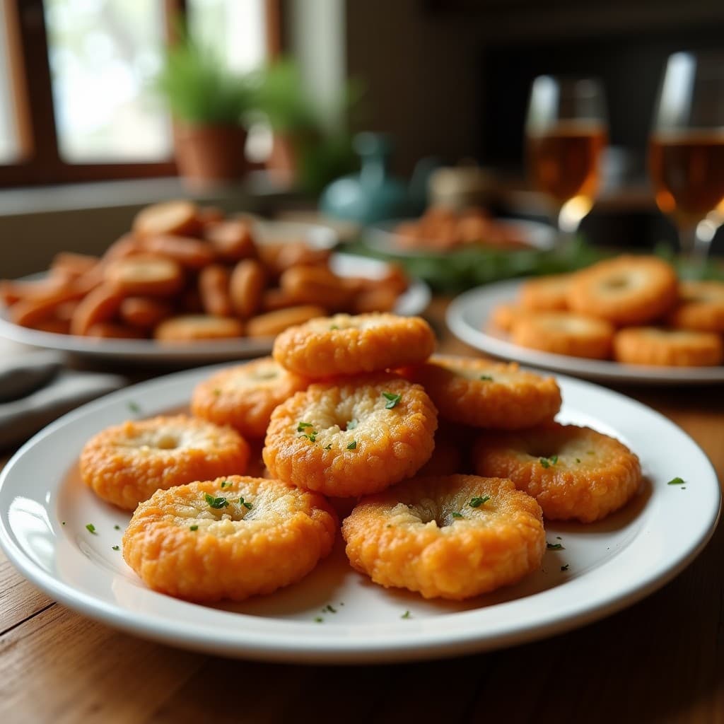 Brochetas de piñones y dátiles glaseados en airfryer, postre mediterráneo dorado y caramelizado con miel y especias, servido en plato blanco rústico.