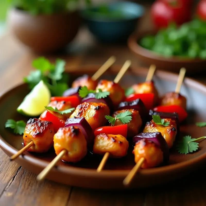 Brochetas de pollo dorado en palillos de madera, marinadas en adobo de guayaba y chile, con trozos de cebolla morada y pimiento rojo asado. Plato servido sobre fondo rústico con rodajas de lima y cilantro fresco. Receta filipina en airfryer con toque dulce-picante.