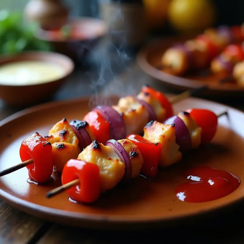 Brochetas de pollo dorado al grill con trozos de pimiento rojo y cebolla morada, brillantes por el adobo de guayaba, servidas en un plato de madera rústico con fondo de grill ahumado.